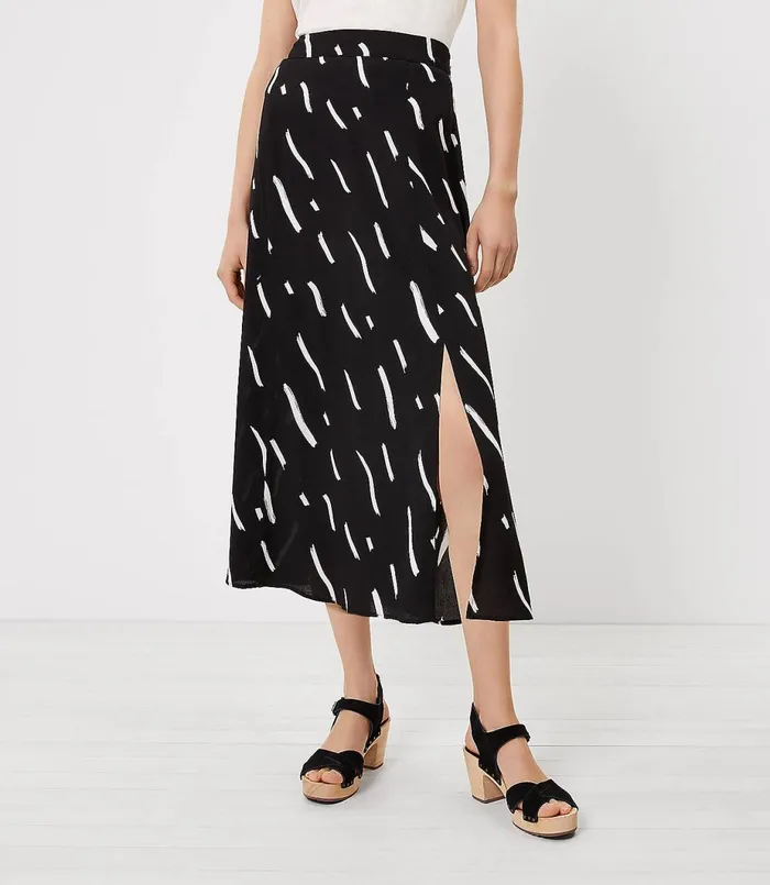 LOFT Brushstroke Slit Midi Skirt Black Women Skirts