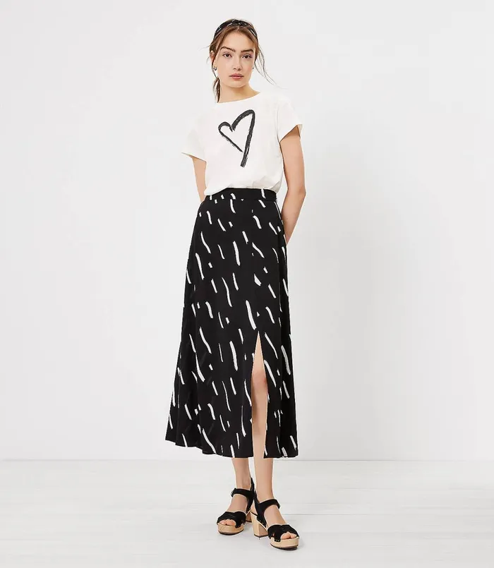 LOFT Brushstroke Slit Midi Skirt Black Women Skirts