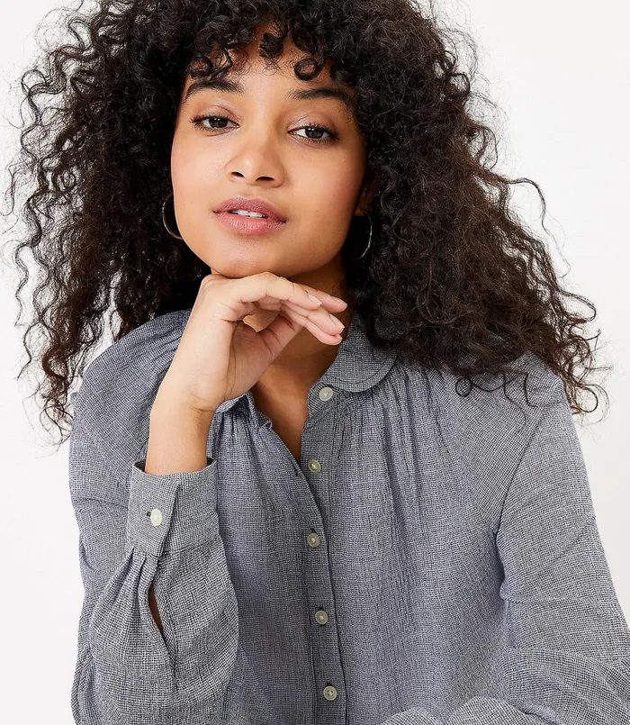 LOFT Checked Henley Shirt Nautical Navy Women Tops