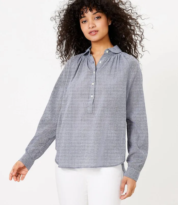 LOFT Checked Henley Shirt Nautical Navy Women Tops