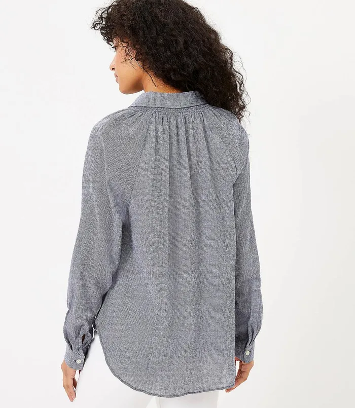 LOFT Checked Henley Shirt Nautical Navy Women Tops