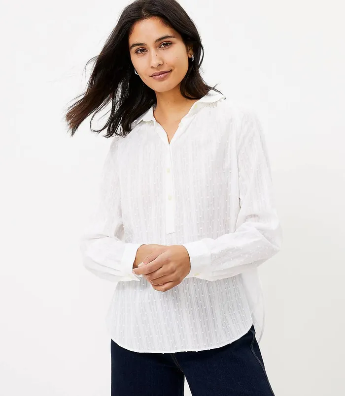 LOFT Clip Henley Shirt White Women Tops
