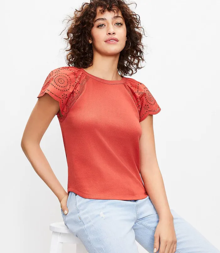 LOFT Eyelet Flutter Sleeve Top Coral Splash Women Petite Tees