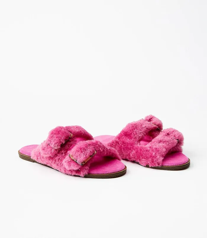 LOFT Faux Fur Buckle Slippers Pink Flare Women Shoes