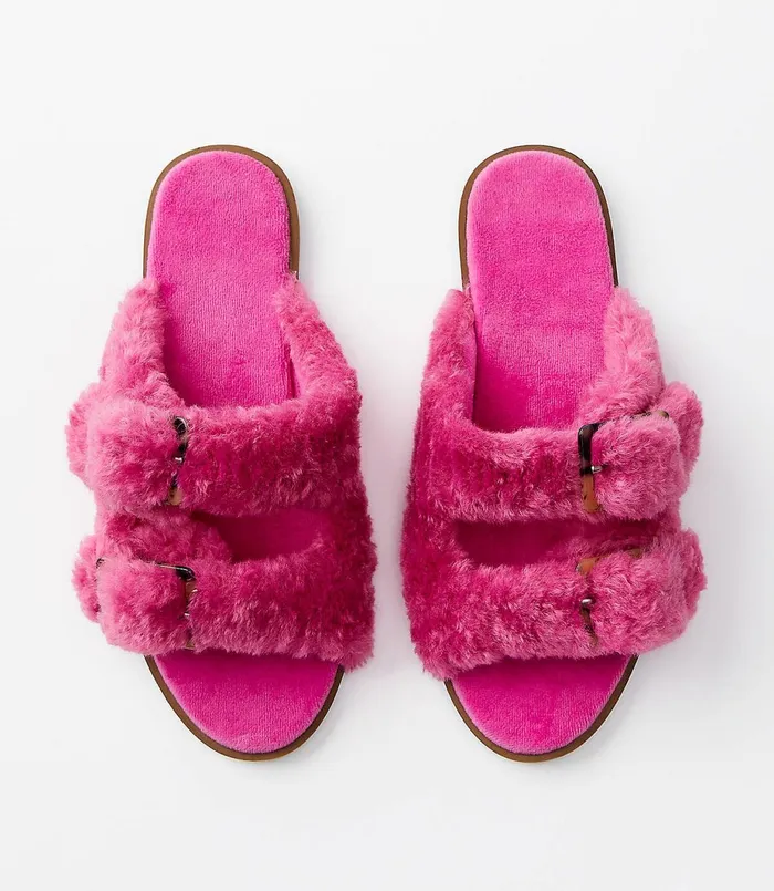 LOFT Faux Fur Buckle Slippers Pink Flare Women Shoes