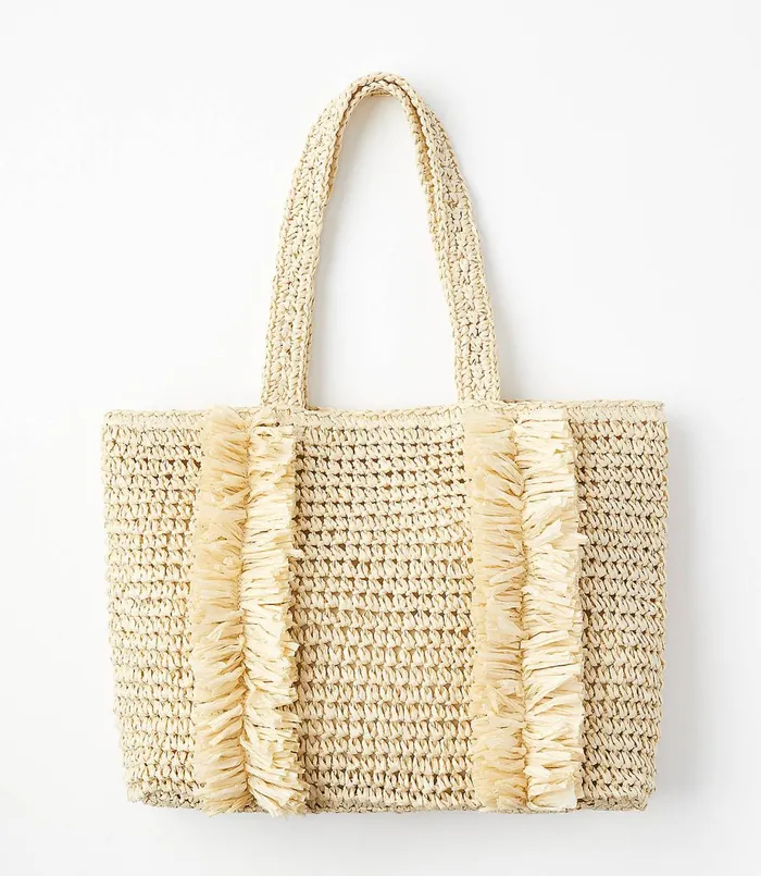 LOFT Fringed Straw Tote Bag Black Women Bags and Small Accessories