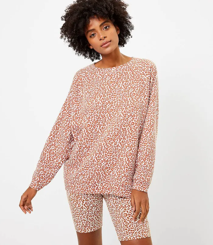 LOFT Lou and Grey Leopard Print Oversized Terry Sweatshirt Sweet Caramel Women Loungewear LOFT Lou and Grey Leopard Print Oversized Terry Sweatshirt Sweet Caramel Women Loungewear