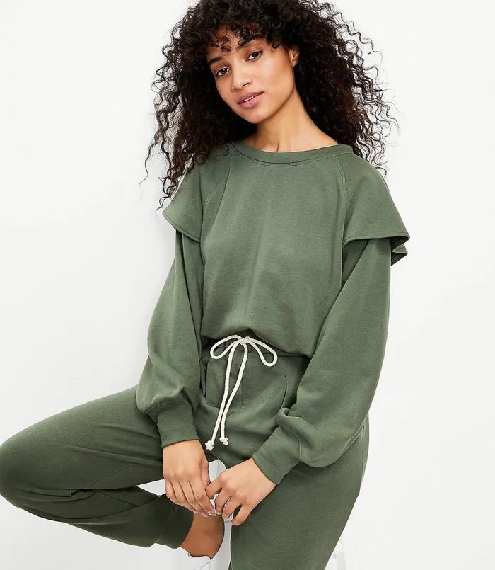 LOFT Lou and Grey Ruffle Terry Sweatshirt Fresh Thyme Women Loungewear