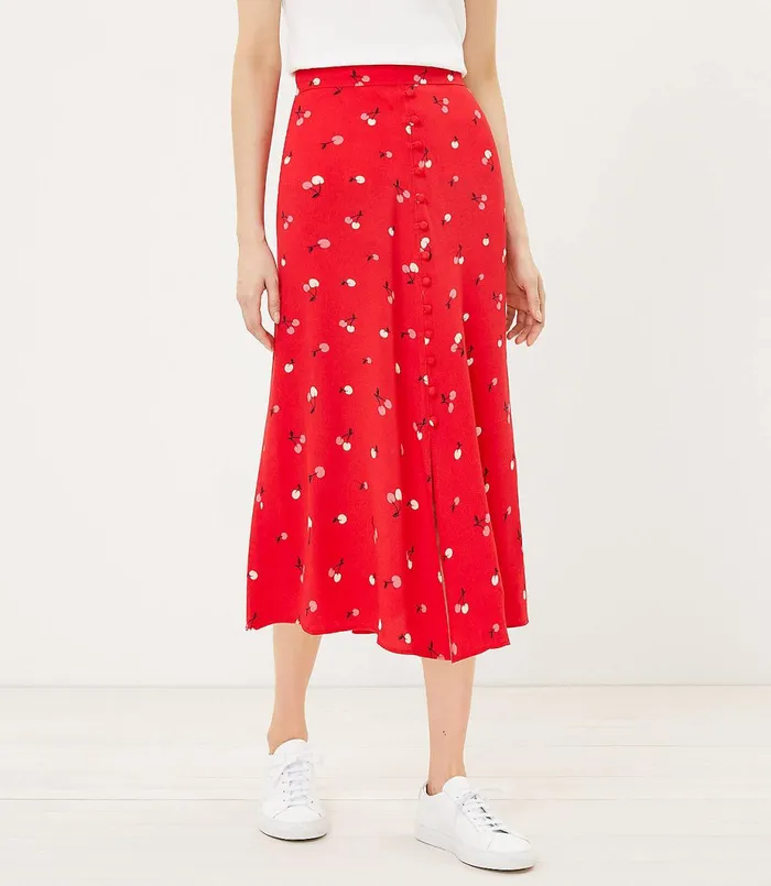 LOFT Petite Cherry Button Midi Skirt Fearless Red Women Petite Skirts