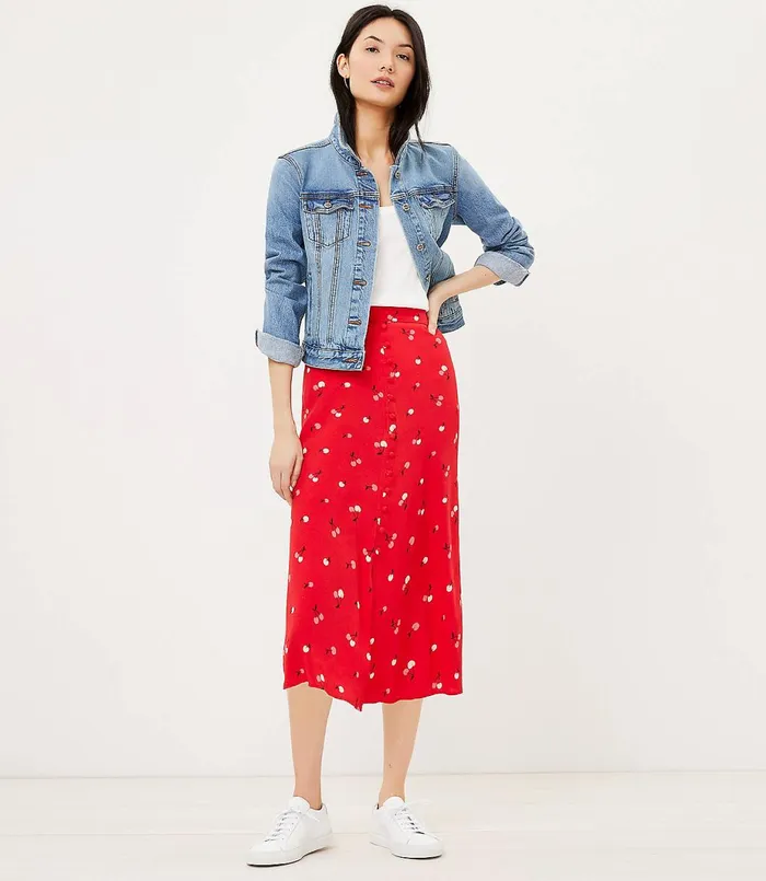 LOFT Petite Cherry Button Midi Skirt Fearless Red Women Petite Skirts