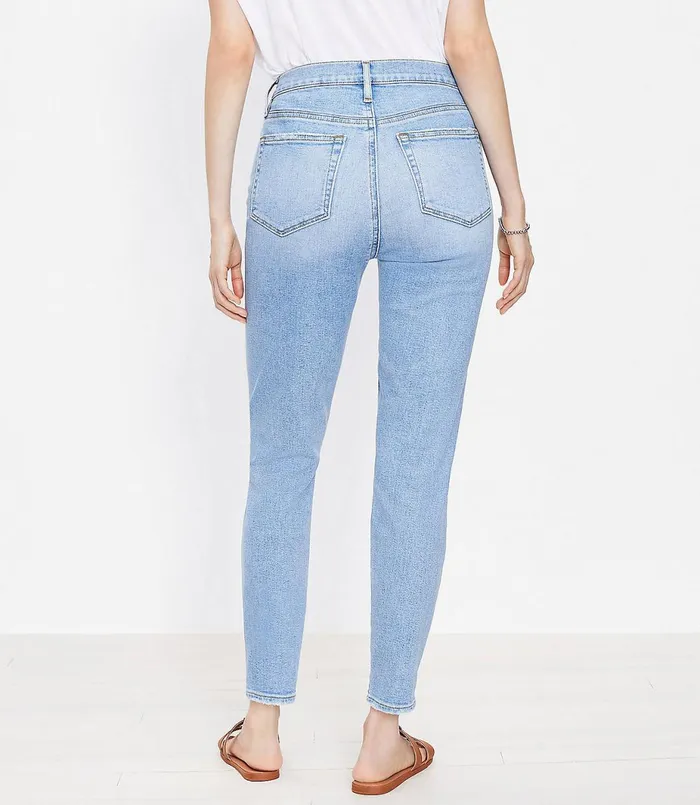 LOFT Petite Curvy Destructed High Rise Skinny Ankle Jeans In Vivid Light Indigo Wash Vivid Light Indigo Wash Women Petite Jeans