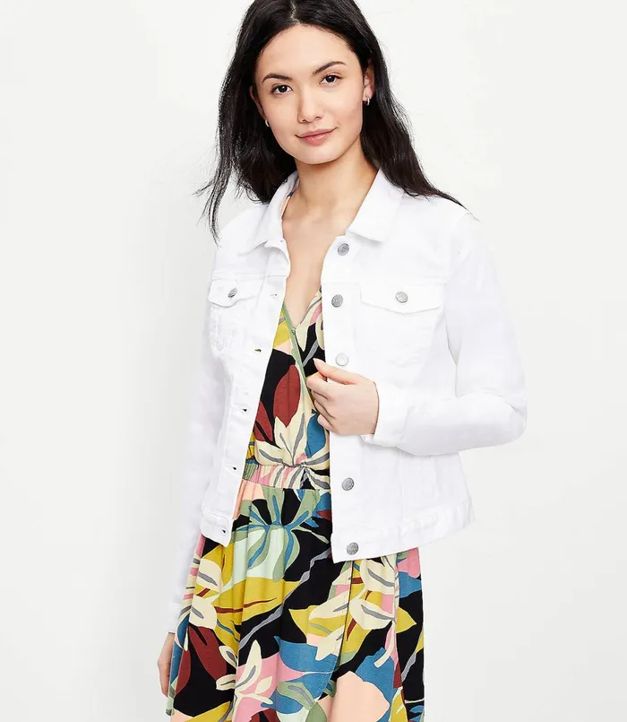 LOFT Petite Denim Trucker Jacket In White White Women Petite Jackets and Blazers LOFT Petite Denim Trucker Jacket In White White Women Petite Jackets and Blazers