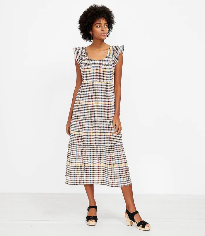 LOFT Petite Plaid Tiered Flutter Sleeve Midi Dress Whisper White Women Petite Dresses LOFT Petite Plaid Tiered Flutter Sleeve Midi Dress Whisper White Women Petite Dresses