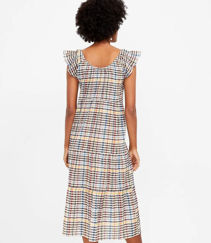 LOFT Petite Plaid Tiered Flutter Sleeve Midi Dress Whisper White Women Petite Dresses