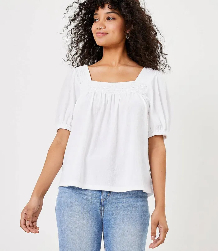 LOFT Petite Smocked Square Neck Puff Sleeve Tee White Women Petite Tops