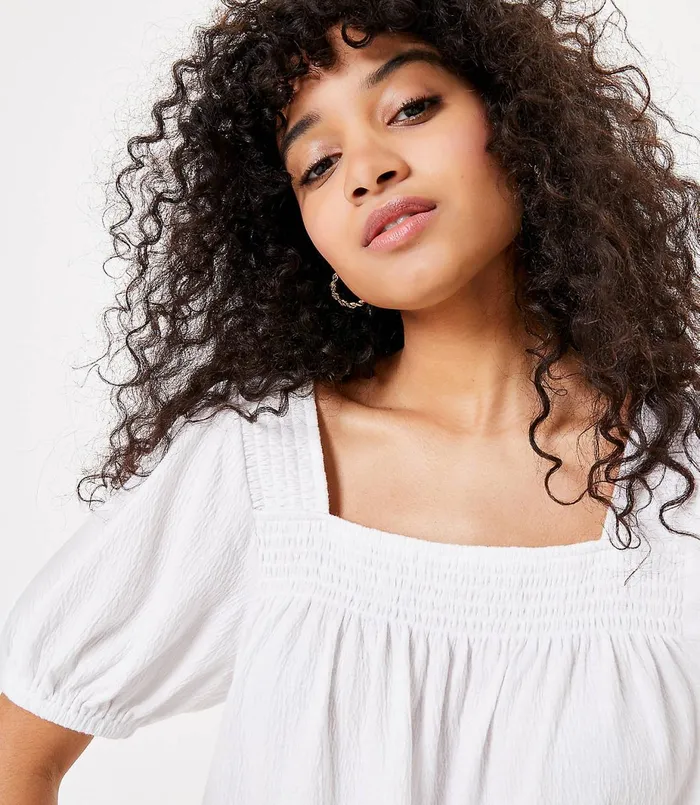 LOFT Petite Smocked Square Neck Puff Sleeve Tee White Women Petite Tops