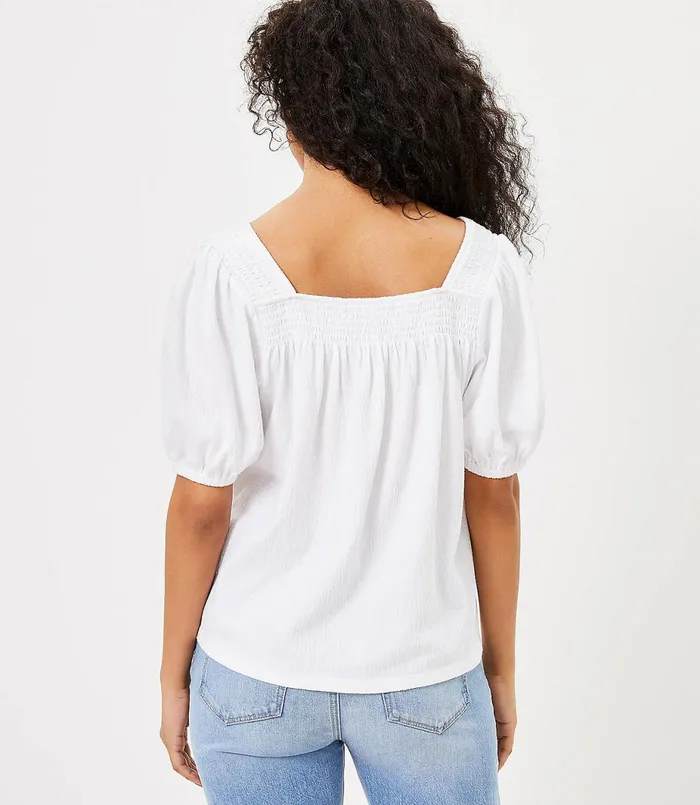 LOFT Petite Smocked Square Neck Puff Sleeve Tee White Women Petite Tops