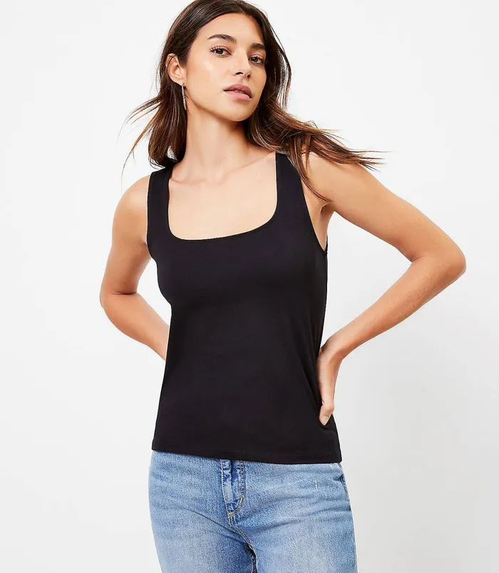 LOFT Petite Square Neck Tank Top Black Women Petite Tees