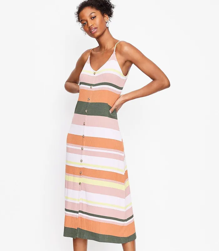 LOFT Petite Striped Button Strappy Midi Dress Whisper White Women Petite Dresses