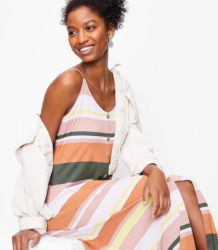 LOFT Petite Striped Button Strappy Midi Dress Whisper White Women Petite Dresses