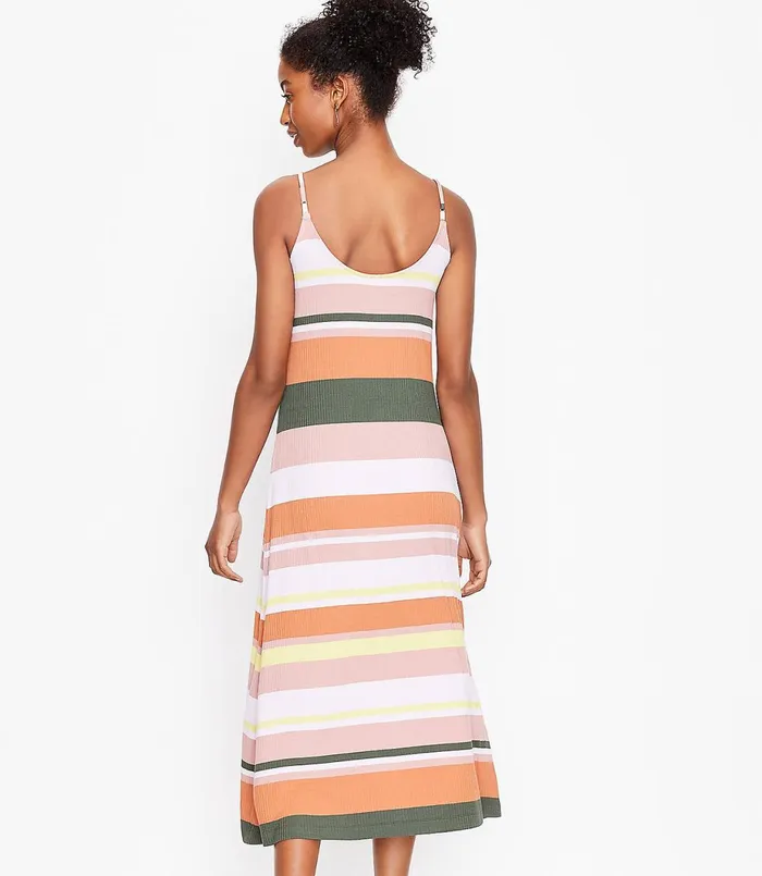 LOFT Petite Striped Button Strappy Midi Dress Whisper White Women Petite Dresses