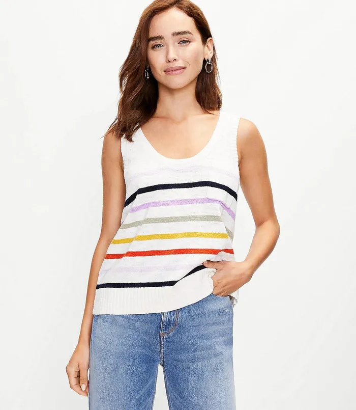 LOFT Petite Striped Pocket Sweater Tank Whisper White Women Petite Sweaters