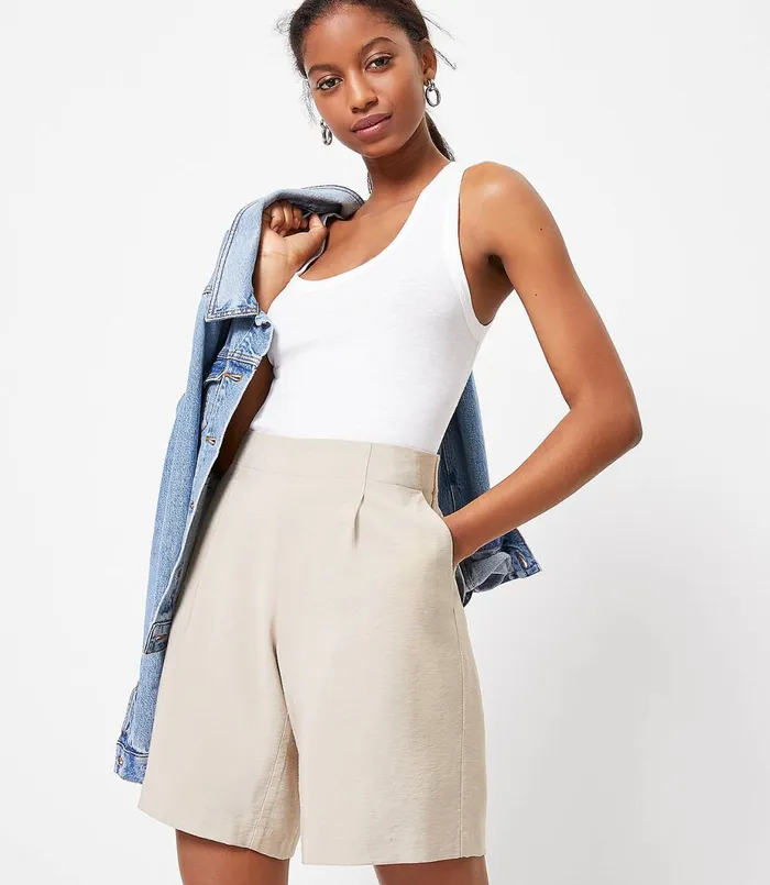 LOFT Petite Textured Fluid Bermuda Shorts Sweet Cashew Women Petite Pants