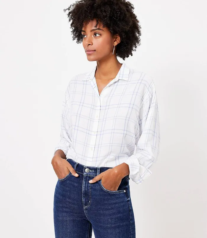 LOFT Petite Windowpane Relaxed Shirt Whisper White Women Petite Tops
