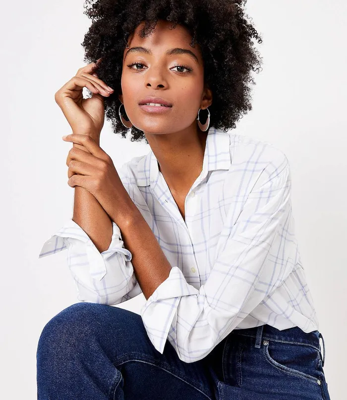 LOFT Petite Windowpane Relaxed Shirt Whisper White Women Petite Tops