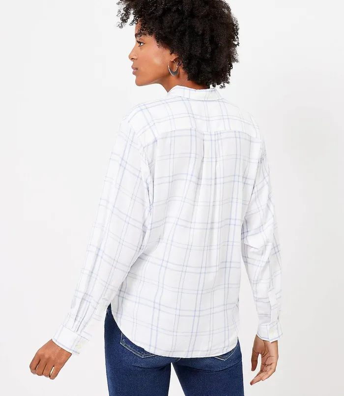 LOFT Petite Windowpane Relaxed Shirt Whisper White Women Petite Tops