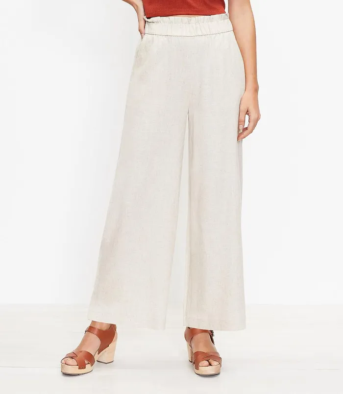 LOFT Pull On Wide Leg Pants In Linen Blend Neutral Multi Women Pants