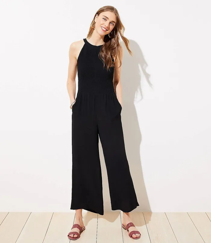 LOFT Smocked Halter Jumpsuit Black Women Work Dresses