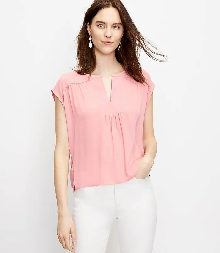 LOFT Split Neck Mixed Media Top Pale Tea Rose Women Tees