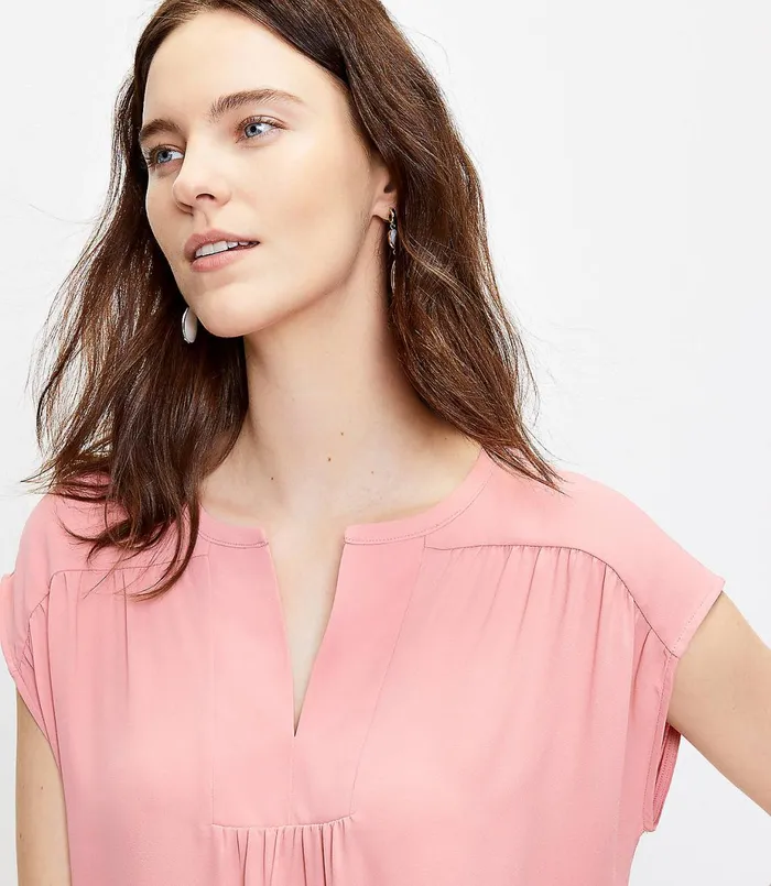 LOFT Split Neck Mixed Media Top Pale Tea Rose Women Tees
