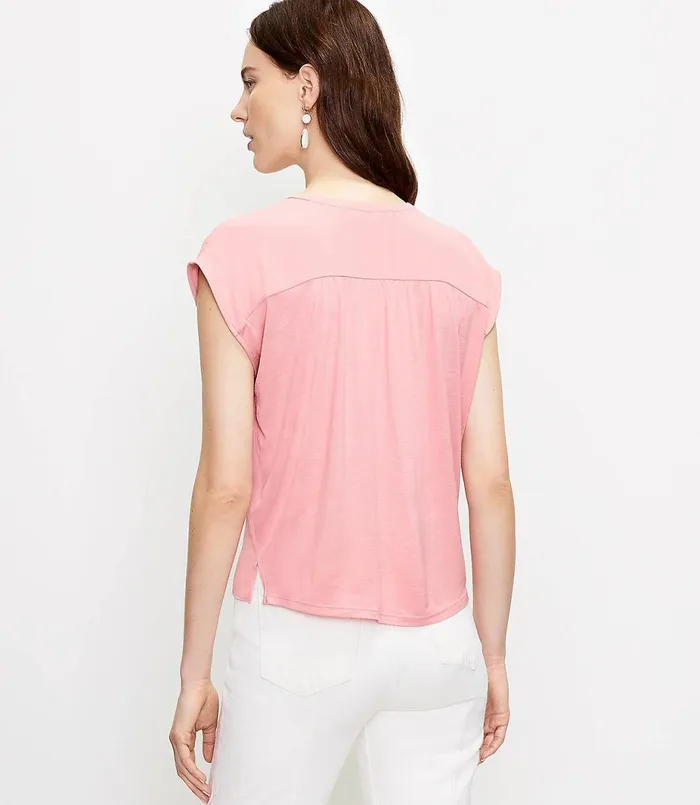 LOFT Split Neck Mixed Media Top Pale Tea Rose Women Tees