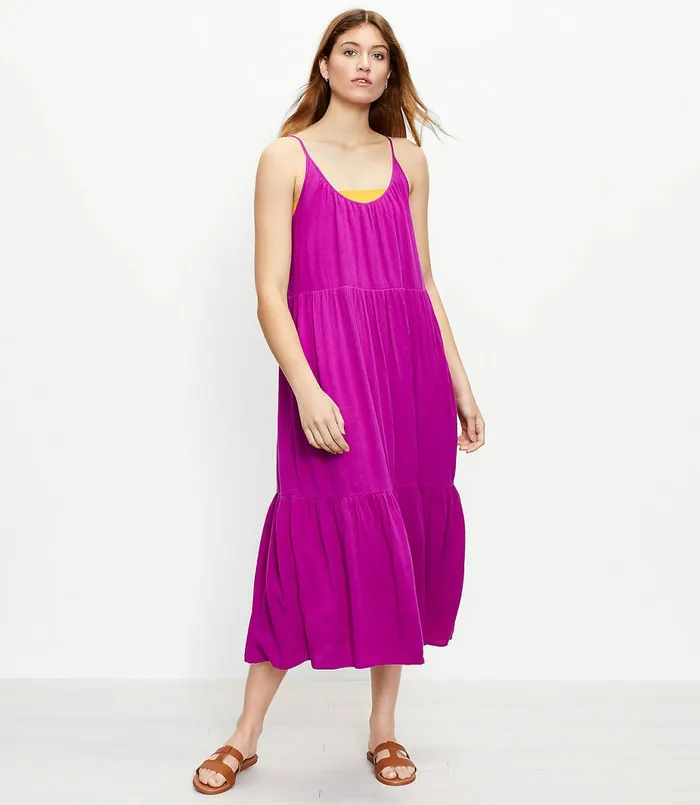 LOFT Strappy Tiered Midi Dress Fresh Mango Women Swing Dresses