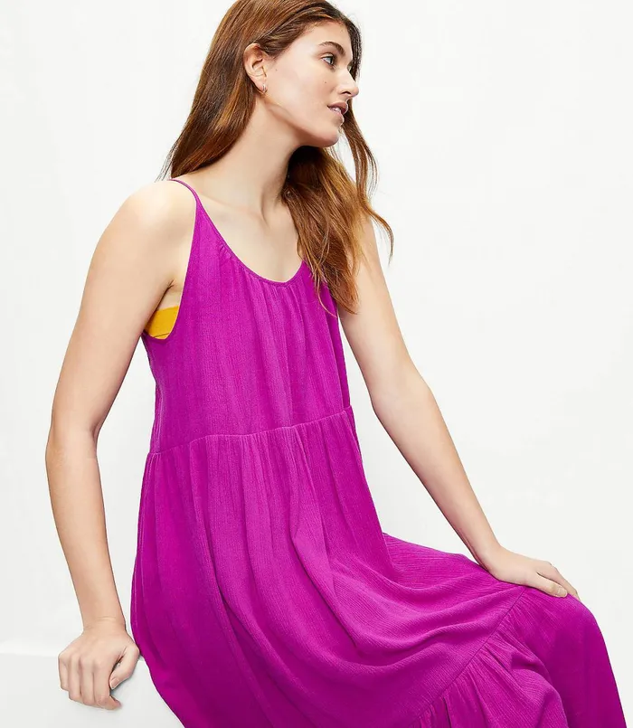 LOFT Strappy Tiered Midi Dress Fresh Mango Women Swing Dresses