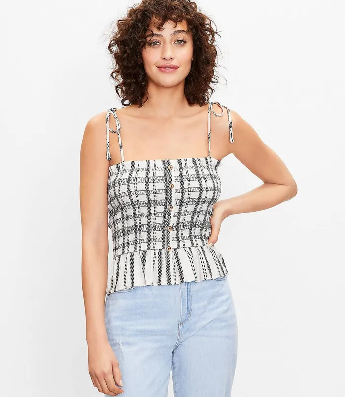 LOFT Striped Smocked Cami Whisper White Women Tops