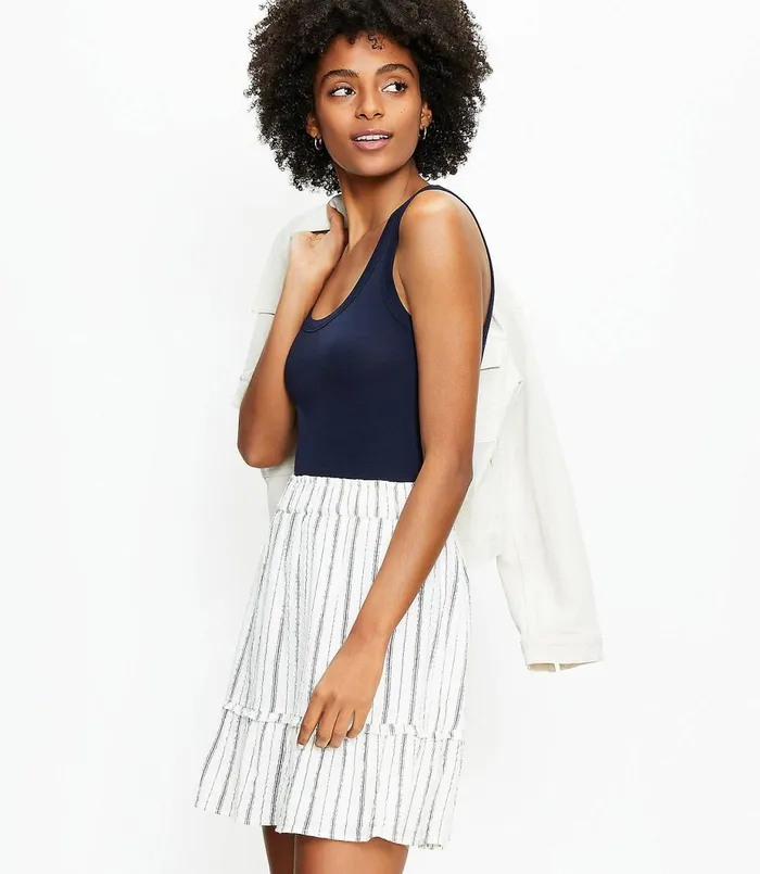 LOFT Striped Tiered Full Skirt Whisper White Women Skirts