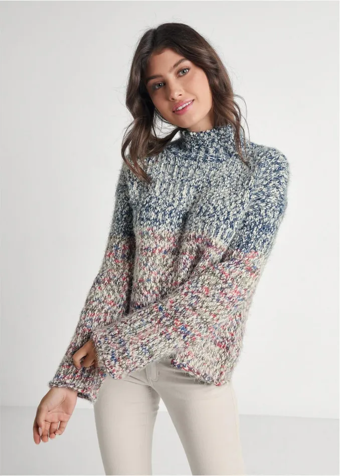 Marled Knit Mockneck Sweater Blue Multi Women VENUS Turtleneck and Mock Neck