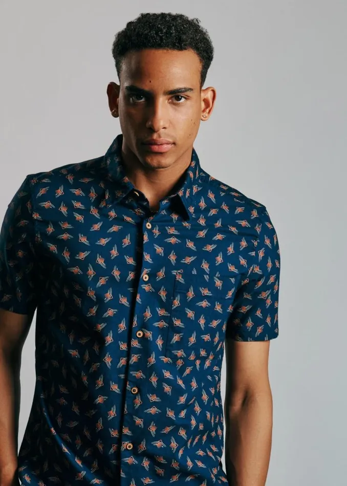 Men Ben Sherman Archive Print Shirts Art Deco Geo Print Shirt 8211 Dark Navy