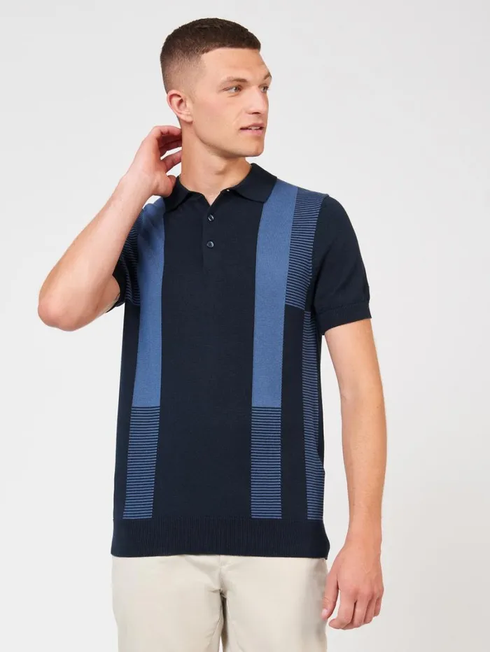 Men Ben Sherman Mod Knit Polos Intarsia Stripe Knit Polo 8211 Dark Navy