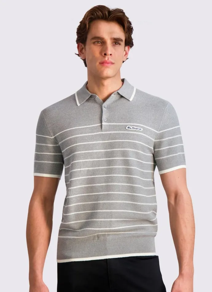 Men Ben Sherman Mod Knit Polos Waffled Knit Sweater Polo 8211 Grey Heather