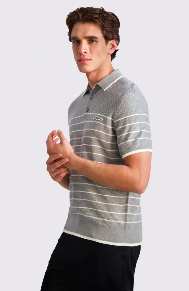 Men Ben Sherman Mod Knit Polos Waffled Knit Sweater Polo 8211 Grey Heather Men Ben Sherman Mod Knit Polos Waffled Knit Sweater Polo 8211 Grey Heather