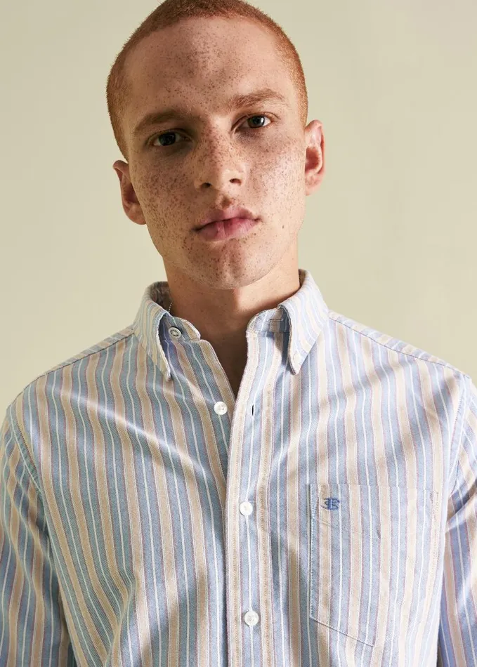 Men Ben Sherman Oxford Shirts Brighton Oxford Organic Stripe Shirt 8211 Collegiate Blue Multi Stripe