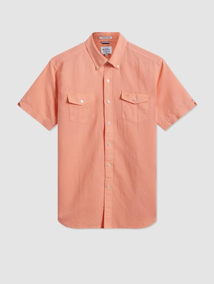 Men Ben Sherman Short Sleeve Shirts Garment Dye ShortSleeve Linen Shirt 8211 Washed Orange