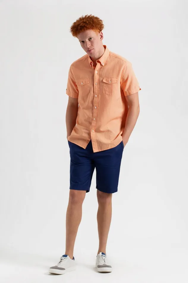 Men Ben Sherman Short Sleeve Shirts Garment Dye ShortSleeve Linen Shirt 8211 Washed Orange