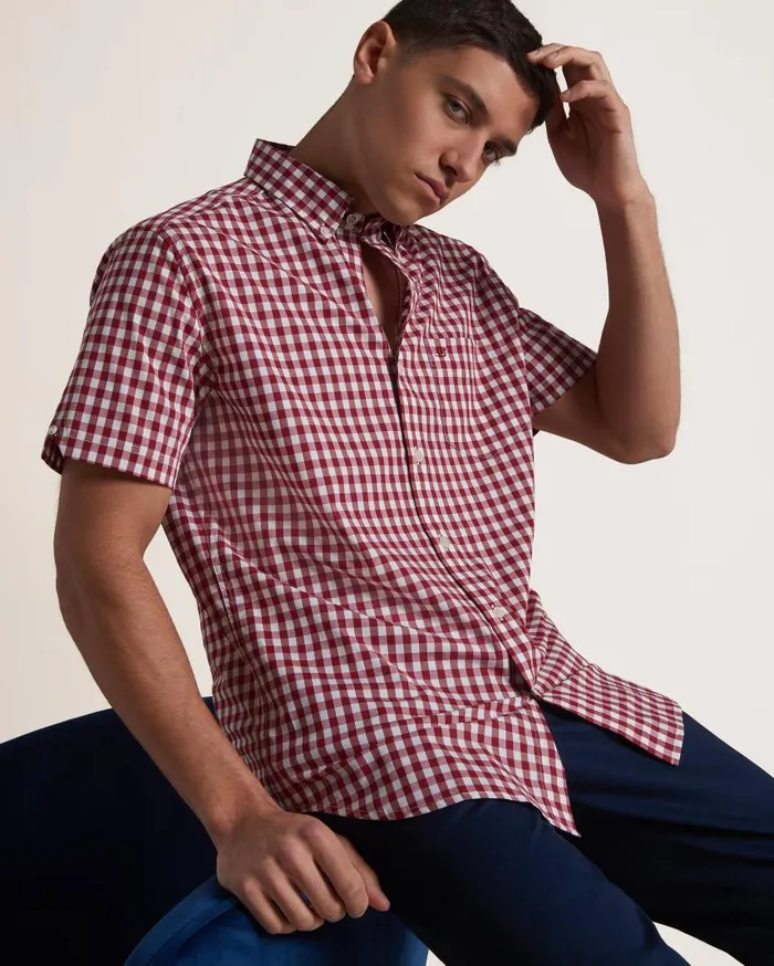 Men Ben Sherman Short Sleeve Shirts Short Sleeve House Poplin Gingham Shirt 8211 Merlot