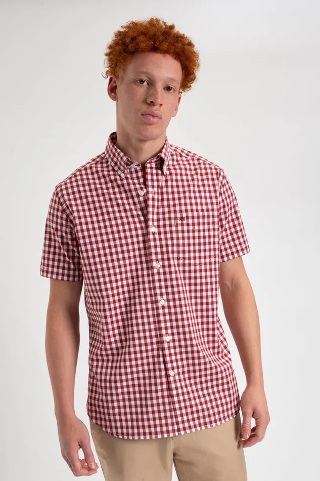 Men Ben Sherman Short Sleeve Shirts Short Sleeve House Poplin Gingham Shirt 8211 Merlot