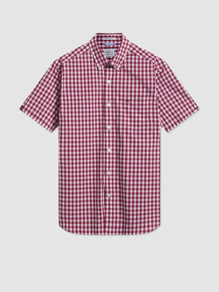 Men Ben Sherman Short Sleeve Shirts Short Sleeve House Poplin Gingham Shirt 8211 Merlot